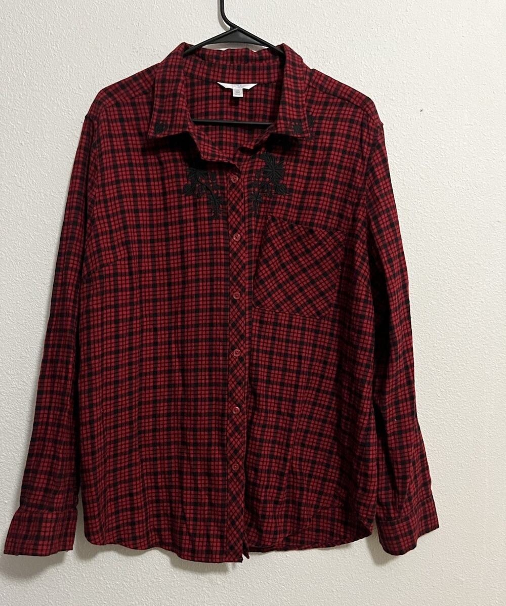 Time and Tru Red Black Plaid Woven Collared Button Front Long Sleeve Shirt XXL